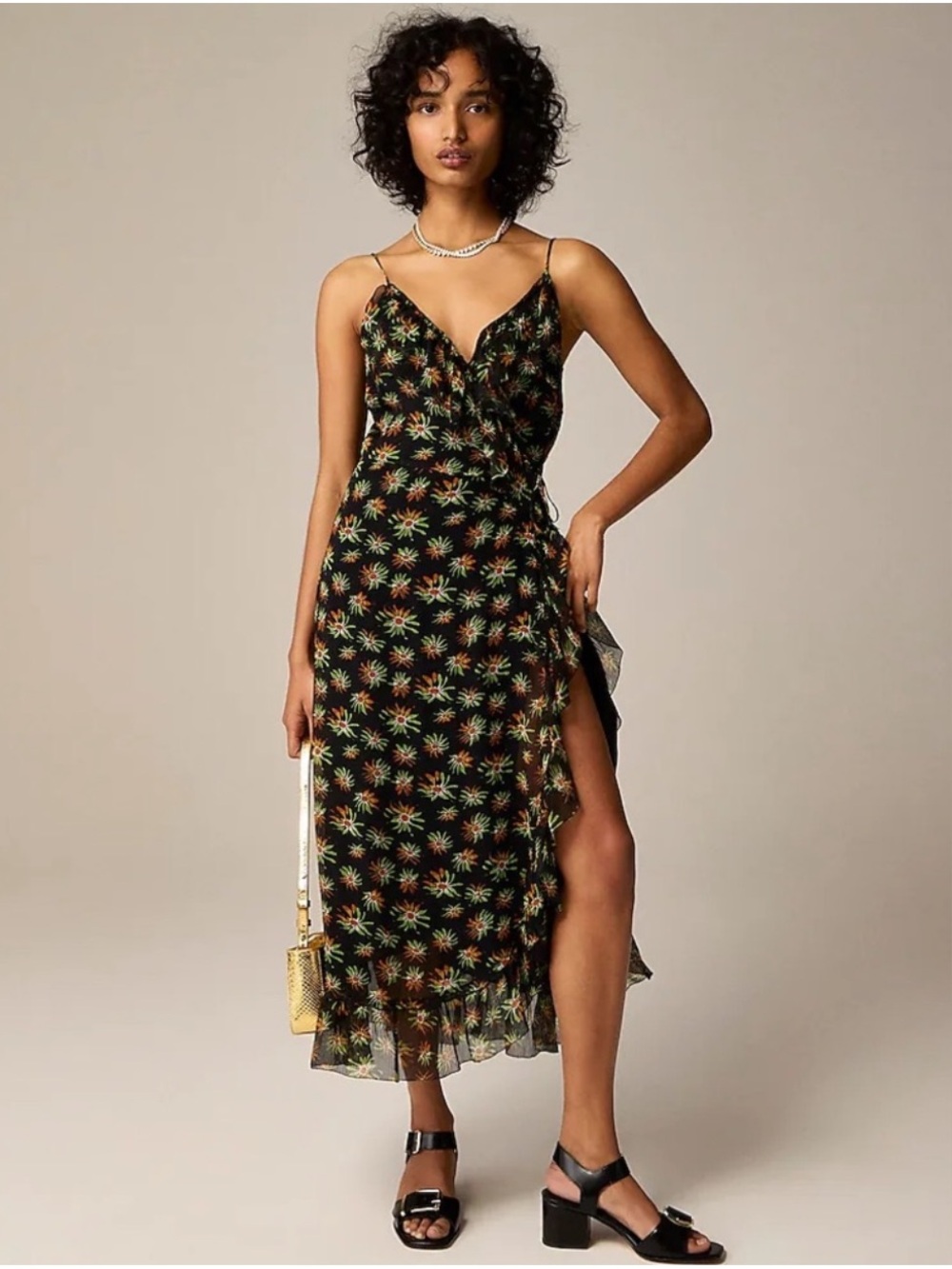 J. Crew Black Floral Ruffled Wrap Midi Maxi Dress Size 12
